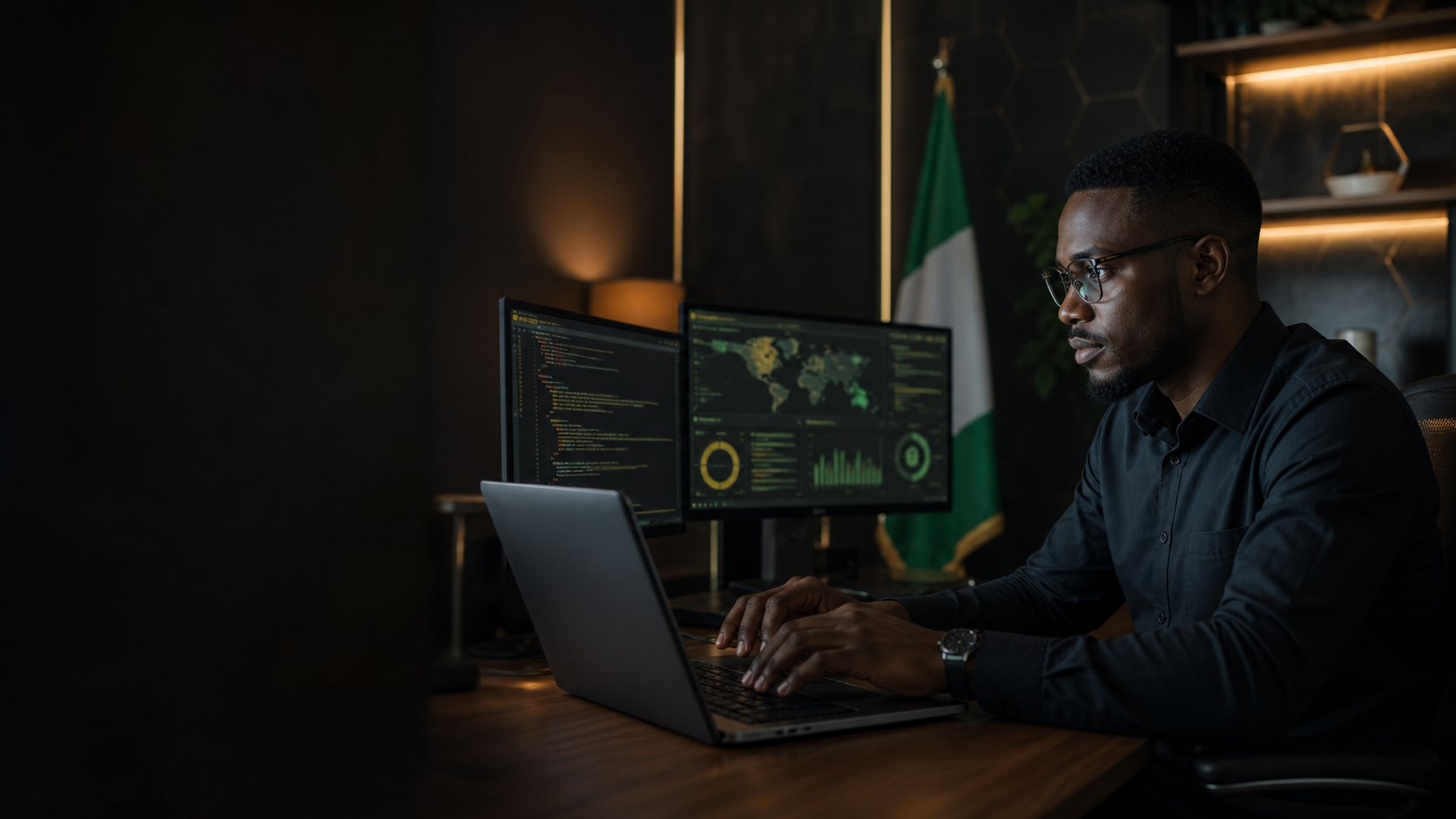 Black Nigerian cybersecurity specialist securing a website